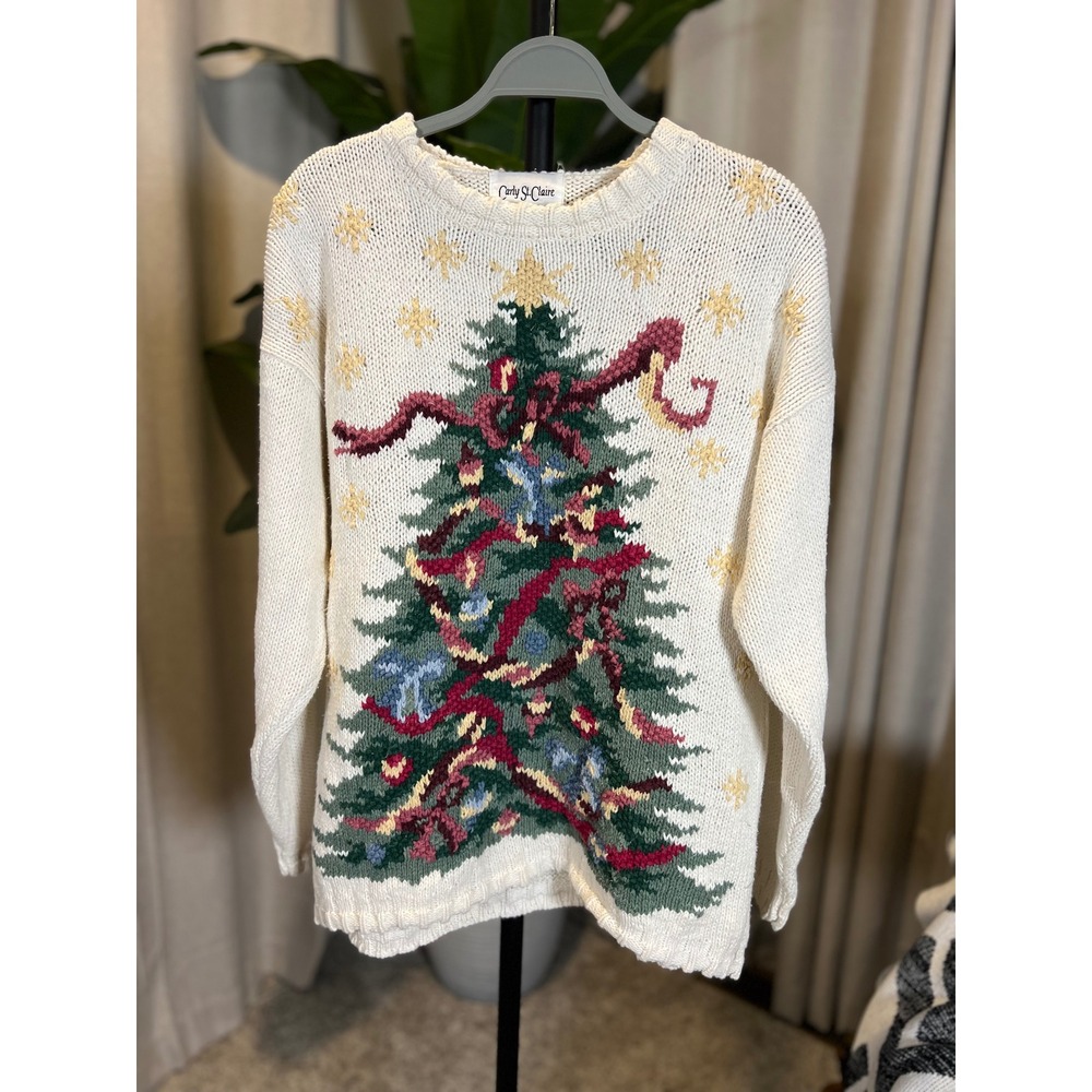 Carly St Claire Vintage Christmas Tree Sweater Womens Large Cream Knit Festive
